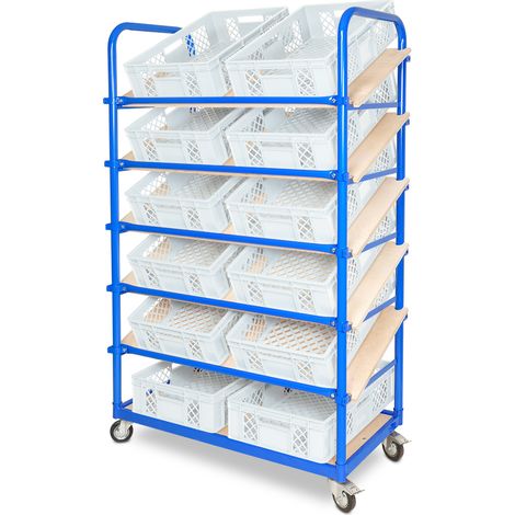 BRB Schrägboden-Regalwagen mit 6 Ebenen, bestückt mit 12 Euroboxen BxTxH 600x400x150 mm durchbrochen, BxTxH 1050x500x1690 mm (weiß)