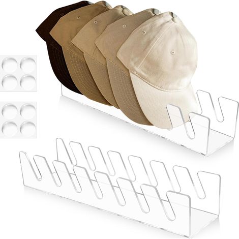 Juego de 2 organizadores de gorras de béisbol de acrílico, soporte para gorras, estante con patas de goma, exhibición de gorras para 7 gorras de béisbol (1/5)