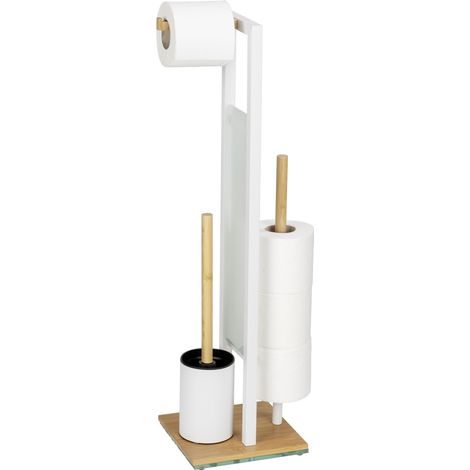 Garniture de WC sur Pied Mod. Brosse WC Support Papier Toilette Bambou Acier Verre sécurité Porte-Rouleau 18 x 70 x 23 cm Blanc Naturel (1/5)