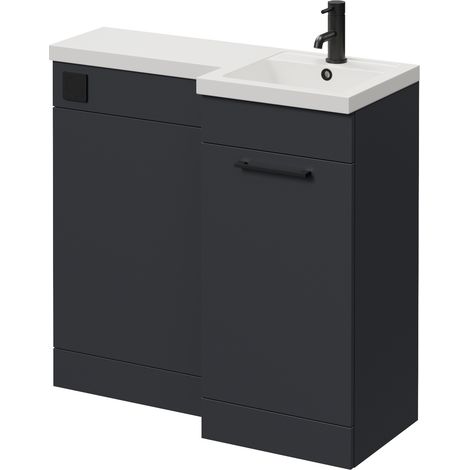 Napoli 390 Gloss Grey 900mm Single Door Vanity Unit Toilet Suite with Right Hand Square Lucia Basin - 900mm - Matt Black 160mm HandleWithout Kingston Toilet Pan