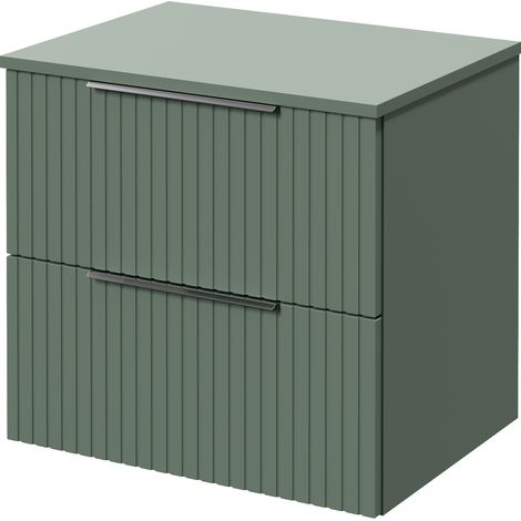Helix 460 Fluted Satin Green 600mm Wall Mounted 2 Drawer Vanity Unit for Countertop Basins