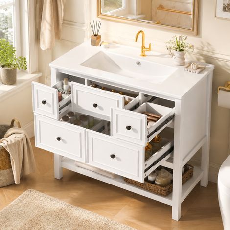 Mobile lavabo da bagno freestanding 76 x 46,5 x 82 cm bianco con 5 cassetti e lavabo in ceramica (1/5)