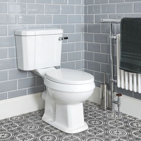Milano Richmond White Ceramic Close Coupled Bathroom Toilet Pan WC and Cistern with Flush Lever Handle and Soft Close Seat - Chrome & Black Lever
