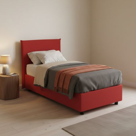 Dmora - Letto singolo Dbasell, Letto contenitore con rivestimento in tessuto, 100% Made in Italy, Apertura frontale, adatto per materasso Cm 90x200, Rosso (1/4)