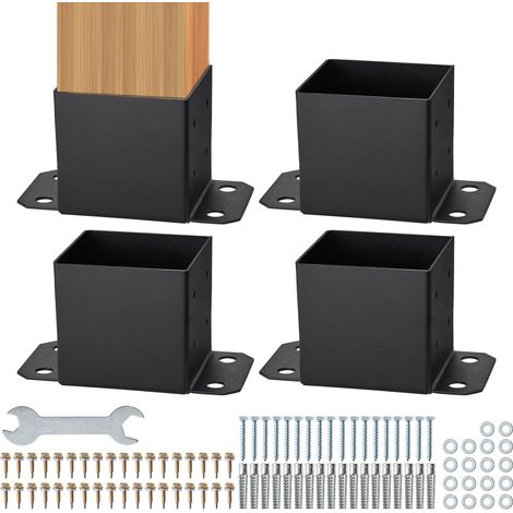 Lot de 4 Support de Poteau Bois 6''x6'' 152x152 mm Base de Poteau Interne 142x142 mm Acier au Carbone Revêtement en Poudre Ancrage de Poteau pour Support Garde-corps Terrasse, Pavillon, Noir Mat (1/5)
