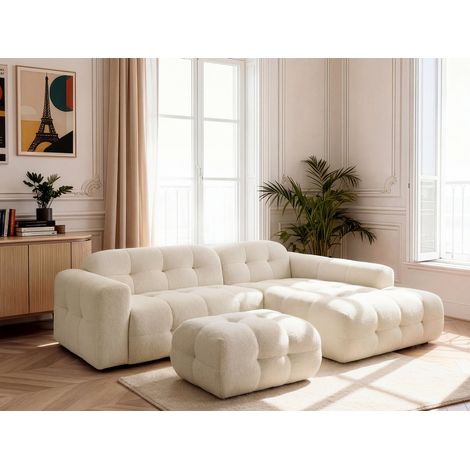 BOBOCHIC - Canapé d'angle fixe LAURA tissu chiné avec petit pouf Angle droit  Beige