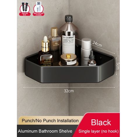(1 Noir) Étagère de salle de bain sans perçage, étagère d'angle en aluminium, panier triangulaire mural, organisateur de rangement pour salle de douche FR2006 (1/5)
