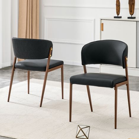 Chaise de salle à manger lot de 2, Fauteuil de salon cuisine moderne rembourré, Cuir synthétique et pieds en métal ergonomique, Noir (1/5)