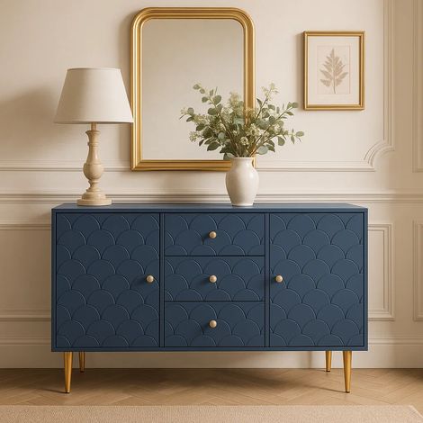 URBAN MEUBLE Commode bleu marine avec 2 portes et 3 tiroirs 120x40x82cm (1/5)