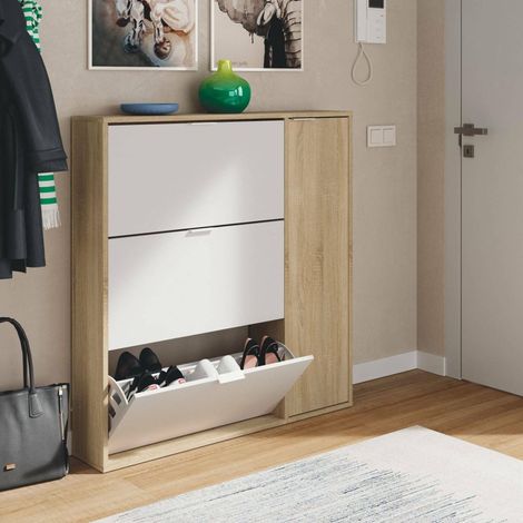 Étagère à chaussures, armoire à chaussures 4 portes, armoire basse polyvalente avec 5 étagères, étagère à chaussures moderne, 106x22h115 cm, chêne et blanc (1/5)
