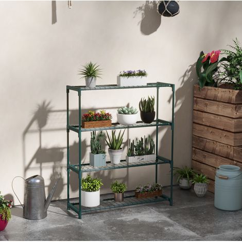 Estantería para plantas 89x28x107 cm, 4 niveles, ahorro de espacio, para interior y exterior, acero verde oscuro (1/5)