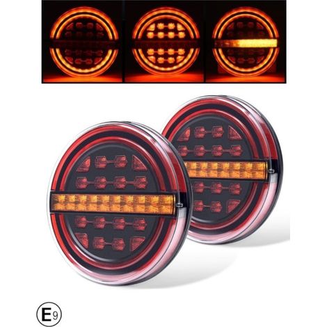 LED-Rückleuchten-Set mit dynamischem Laufblinker, Neon-Effekt, rund, Hamburger-Typ, Ø 13,9 cm, 3 Funktionen, E‑Mark
