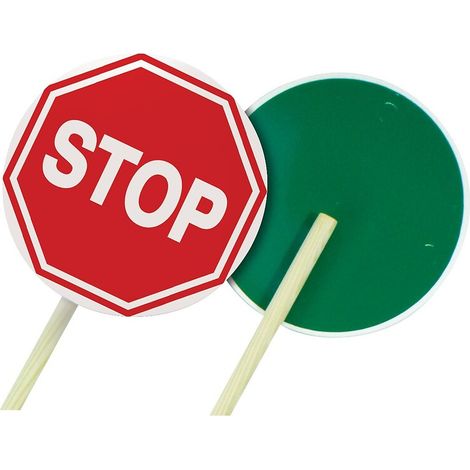 Taliaplast – Panneau K10 42cm – Longueur 1,4m – Disque en PS-choc – Manche en bois pour signalisation chantier – Face rouge STOP, face verte passage autorisé (1/2)