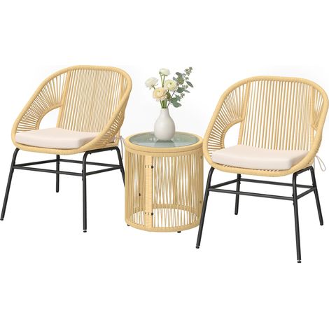 3-teilige Balkongarnitur, 2 gepolsterte Sessel mit Tischplatte aus gehärtetem Glas, abnehmbare beige Kissen
