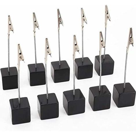 Pince Memo - Support Photo Carte Note avec Pince Crocodile - Base Cube en Résine - Hauteur 10,5 cm - Noir - Lot de 10 (1/5)