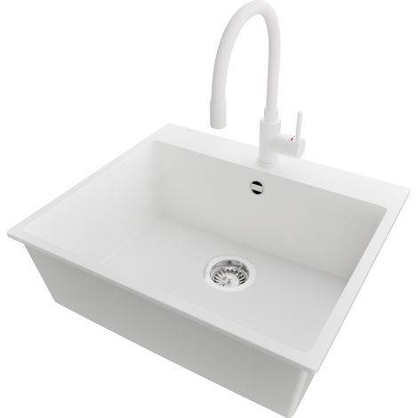 PRIMAGRAN Evier Cuisine en Granit 58x50cm,Lavabo 1 bac + Robinet 38x14cm + Kit de Vidage, Évier à Encastrer au meuble 60cm - Riga, Blanc (1/5)