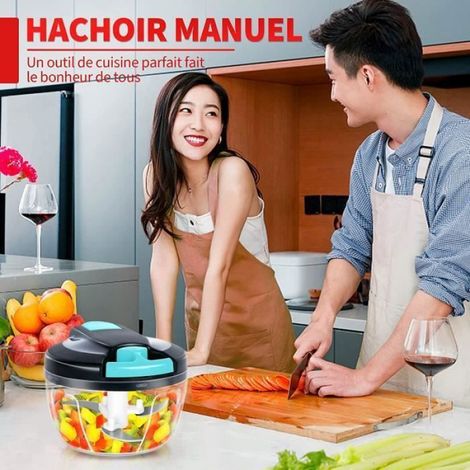 Mini Hachoir Manuel 550ml Coupe Oignon Mixeur Manuel Acier Inoxydable 3 Lames Pour l'ail, Viande, Aliments pour Bébé, Fr Étiquette (1/4)
