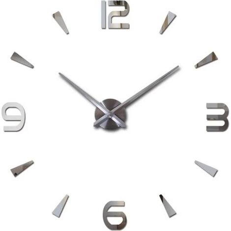 Grande horloge murale 3D argentée brillante avec surface miroir, autocollante, XL/XXL, analogique, 80-120 cm (1/5)