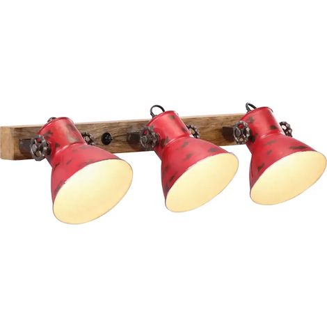 Lampe murale industrielle à 3 abat-jour 65 x 25 cm ambiance cosy rustique en bois de manguier rouge délavé (1/5)