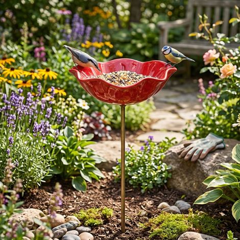 Abreuvoir à oiseaux autoportant en métal en forme de fleur rouge, 15 cm / 5,9 pouces, pour jardin extérieur. (1/5)