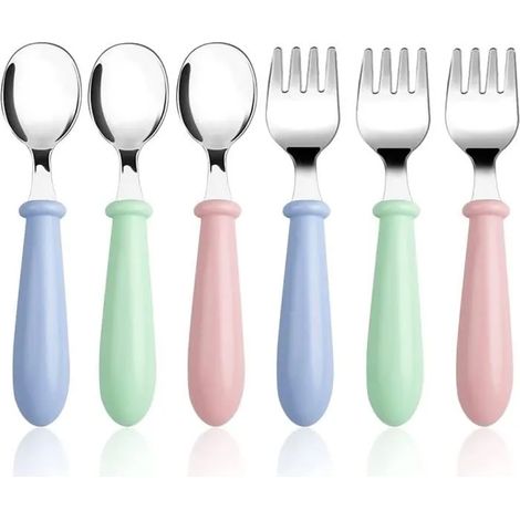 6 Pièces Set de Couverts en INOX Enfant, 3 x Fourchette et 3 x Cuillère pour Enfant Bébé Maison l'école Utilisation (1/4)