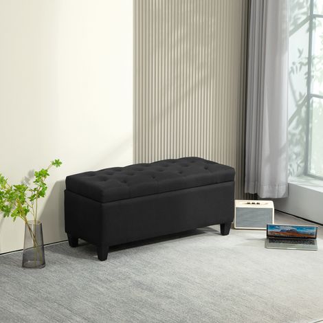 Banquette de rangement coffre noir 100x40x44 cm bois d'hévéa polyester aspect lin