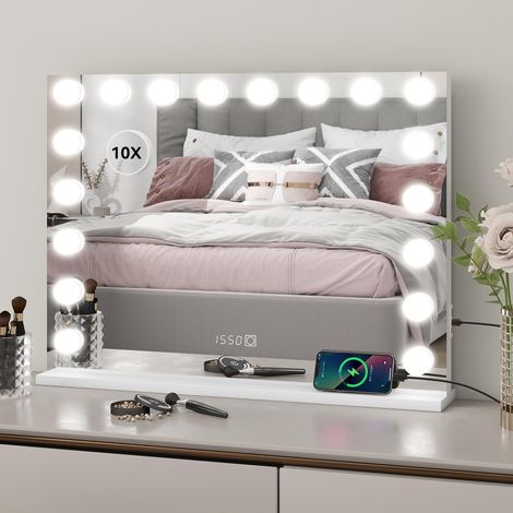 Affichage Heure/Température - Grand Miroir Maquillage Hollywood Lumineux 18 LED 80X60cm, 3 Couleurs Dimmables, Port USB, Type C, Miroir de Table Coiffeuse Cosmétique,10x, Montage Mural (1/5)
