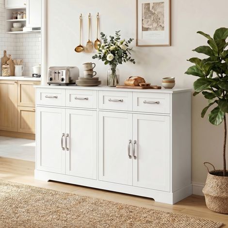 Buffet Cuisine 4 Tiroirs 4 Portes Style Shaker, 140x38x80 cm, Blanc, Rangement (1/5)