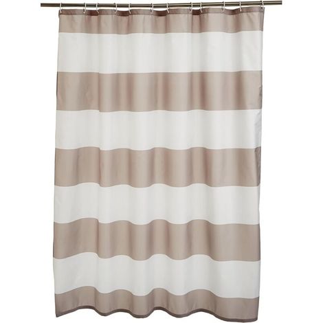 Basics Rideau de douche en tissu imprimé hydrofuge avec œillets métalliques et crochets en plastique blanc, 183 x 183 cm, gris Rayures (1/4)