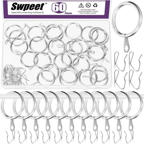 60Pcs 25mm / 1 "Diamètre intérieur Sliver Anneau de Rideau en métal avec Pin-on Drapery Crochets Kit d'assortiment, Drape Coulissant oeillet en métal, pour fenêtre Porte Rideau de Douche (1/5)