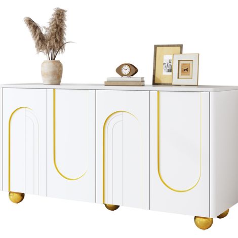 Buffet Bas 4 Portes Blanc et Or Meuble de Rangement avec Pieds en Métal 140x40x74 cm - PANGIVO (1/5)