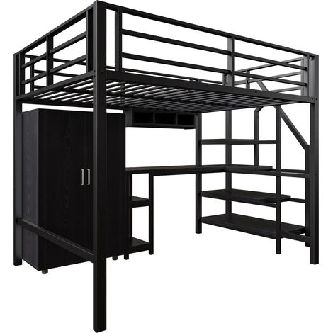 Lit mezzanine 140 x 200 cm en métal et MDF avec bureau armoire étagères noir (1/5)