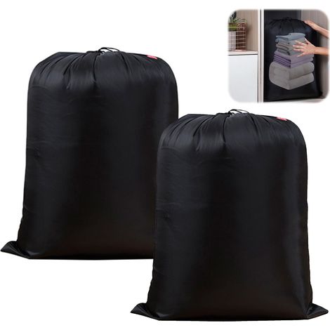Sacs à linge de voyage, lot de 2, grande taille 70x90 cm, couleur unie, cordon de serrage, imperméables (noir).