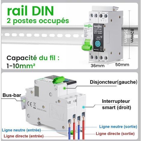 Disjoncteur wifi Commutateur- Compteur d'Énergie rail din wi-fi Intelligent Disjoncteur Type de Relais Interrupteur Connecté avec Wattmètre Telerupteur wifi Smart life Tuya, 16A (1/5)