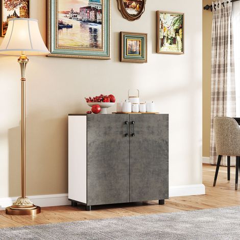Petit buffet moderne pour salon avec étagère et portes à fermeture douce 80 x 37 x 80 cm Gris ciment et blanc brillant
