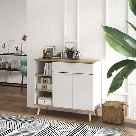 Credenza da cucina con 1 cassetto, 2 ante con chiusura ammortizzata e ripiani regolabili per sala da pranzo, 95x35x85 cm, bianco e naturale