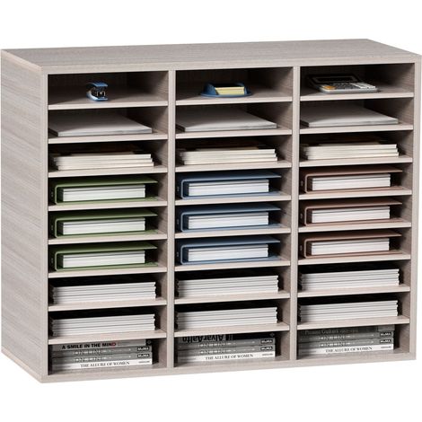 Organisateur en bois 27 casiers, étagères ajustables, MDF, bureau maison école, rangement courrier, documents, magazines, gris (1/5)