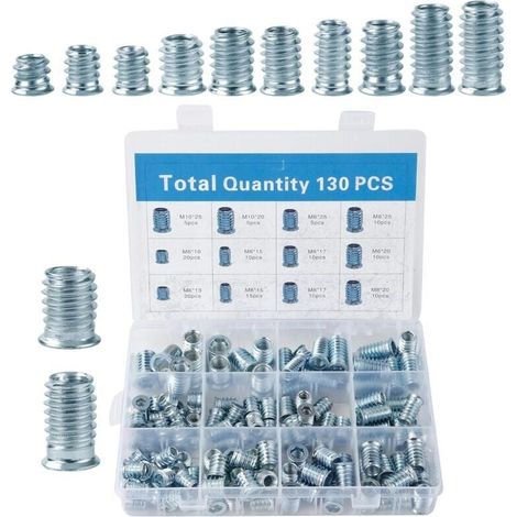 130 Pièces Insert Fileté Bois,M6/M8/M10 Insert Fileté Bois,Écrous à Visser En acier galvanisé, avec boîte de tri, pour le traitement de pièces en plastique et pour la fabrication de meubles en bois (1/4)