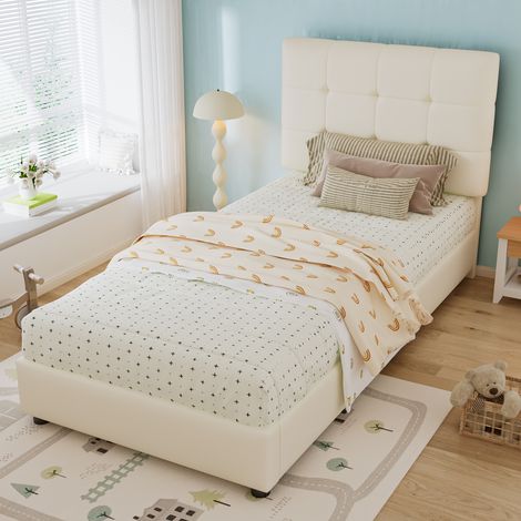 Cama infantil tapizada de PU beige 90x200 cm con cabecero acolchado y somier de láminas
