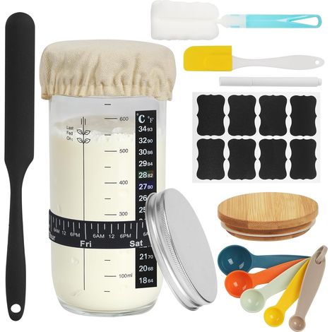 Yeast Starter Jar, Sourdough Baker, Reusable Baking Accessory with Aluminum Lid, Temperature Strip, Fermentation Cloth, Dated Feed Strip (700ML) (1/5)