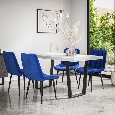 Aria Dining Table And Chairs -  White Marble Effect Table Top w Black Legs + Nova Velvet Dining Chair Set Of 4 (Blue) (1/5)