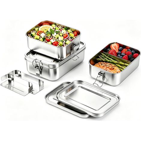 Ensemble de 3 boîtes à lunch compartimentées en acier inoxydable – 1400 ml + 850 ml + 850 ml + 850 ml – Étanches, pour enfants et adultes – Idéales pour les salades, les soupes, les en-cas et les repa (1/5)