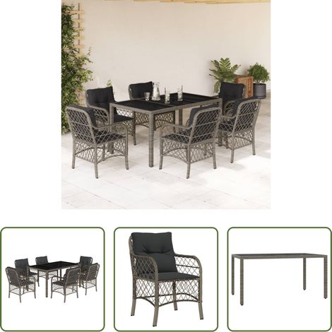 vidaXL Gartenstuhl -  7-tlg. Garten-Essgruppe mit Kissen Grau Poly Rattan (1/5)