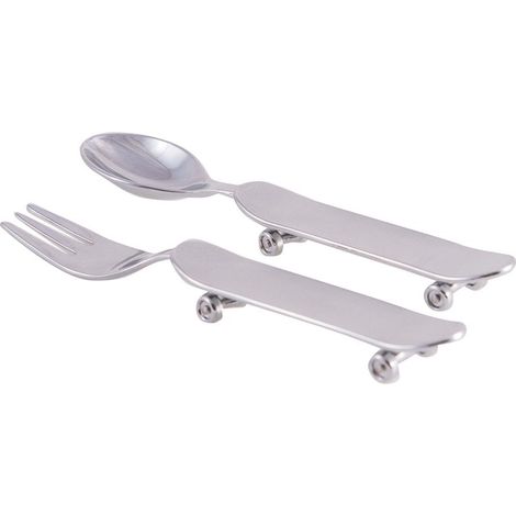 Set de couverts pour bébé avec cuillère et fourchette motif skateboard en métal argenté - PANGIVO (1/4)