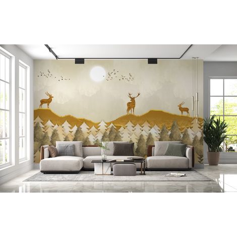 Papier peint animaux - cerfs dans la forêt dorée - 150 x 250 cm (1/2)