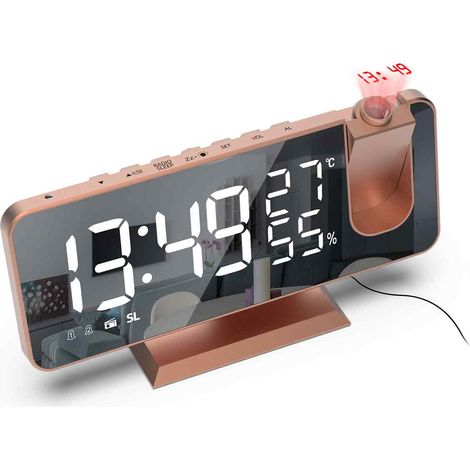 Réveil à projection, radio-réveil numérique avec port de chargement USB, écran LED miroir, luminosité réglable, or rose