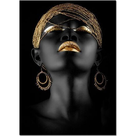 Affiche art africain femme noire avec coiffe dorée – Impression giclée sur toile 60x80 cm – Décoration murale élégante –