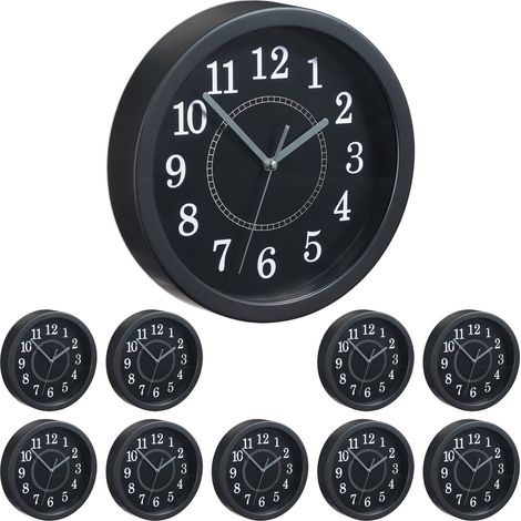 Set of 10 Relaxdays Round Wall Clocks, Ø 20cm, Hanging Wall Clock, Classic Design, Battery-Operated, Black
