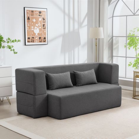 Canapé convertible 2 places, canapé-lit en chenille, assise large, accoudoirs larges, 2 coussins, entièrement compressé, gris (1/5)