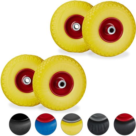 4x Ruote per Carrello Standard, in Gomma Antipanne, 3.00-4, Asse 20mm, max.100 kg, 260x85 mm, Giallo Rosso